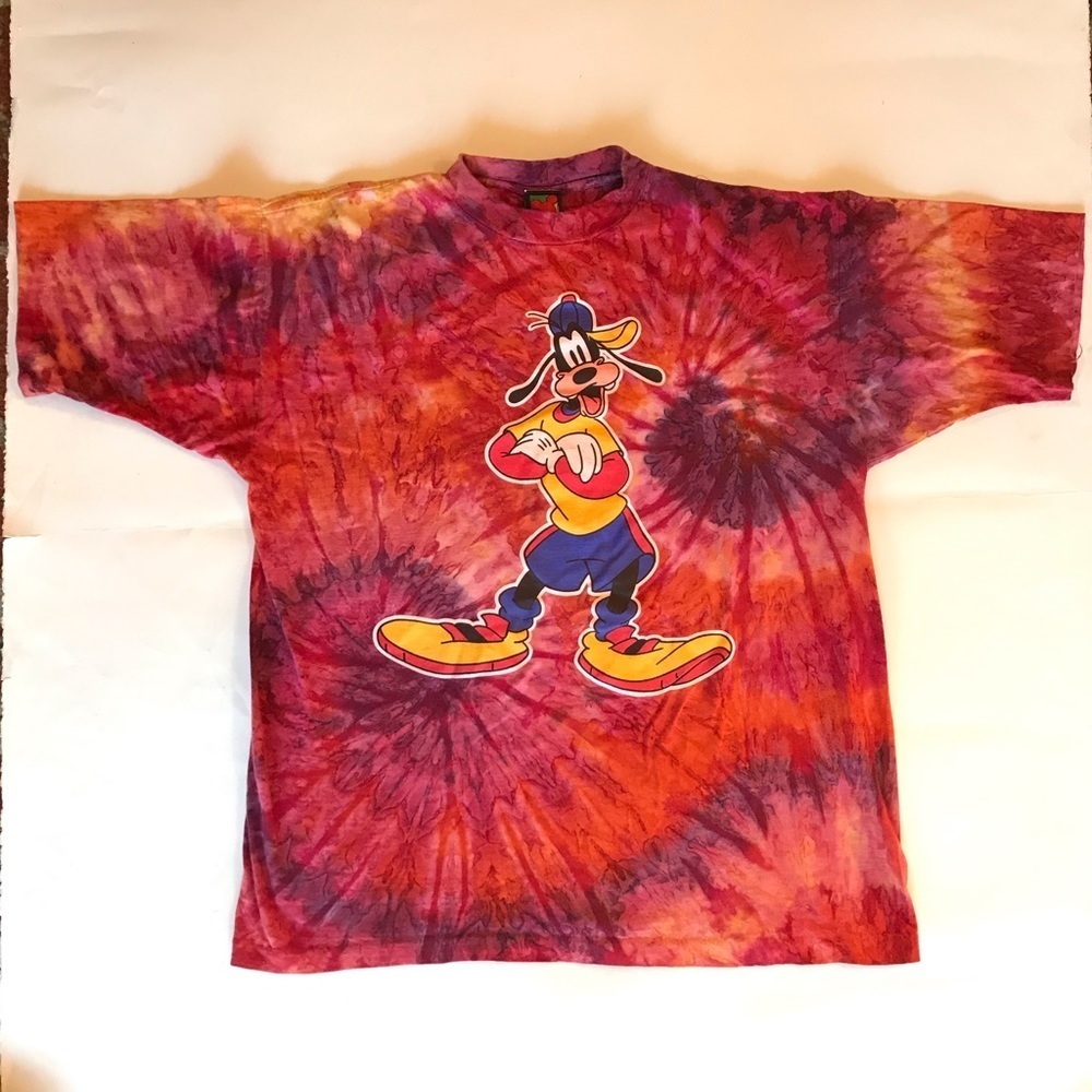Vintage Disney 90s Goofy Psychedelic Red Orange Tie Dye T-Shirt Men Large - Picture 1 of 10